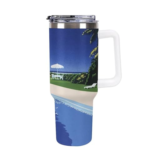 タンブラー 永井博 夏の日 水筒 40OZ 真空断熱 保温保冷 ステンレスマグボトル 結露しない ストロー付き/直飲み可能 洗いやすい ハンドル付き 車内用 アウトドア キャンプ 大容量