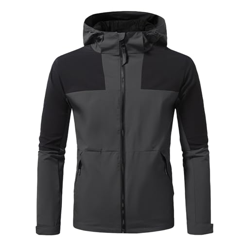 RUMAOZIA Chaqueta impermeable para hombre, para exteriores, ligera, para el tiempo libre, cortavientos softshell de manga larga, cortavientos, color liso, con capucha, para otoño y, O gris oscuro, L