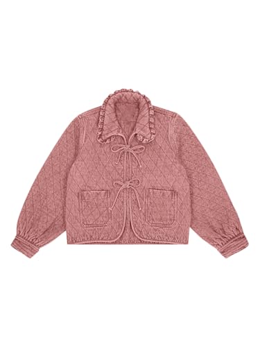 Image of Tankaneo Womens Quilted Denim Puffer Jackets Tie Front Bow Cropped Puffy Jackets Fall Cute Short Jeans Coat