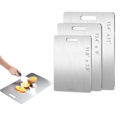 Set de 3 Tablas de Cortar de Acero Inoxidable, 2 caras, para Cocina, 15.3"x11", 13.4"x9", 11.8"x7.9"