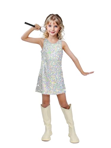 Sinkawa Jackets Girls Sequin Dress Sparkly Sleeveless Costume Prom Concert Party Outfit with Glitter Microphone Prop-Small Silver