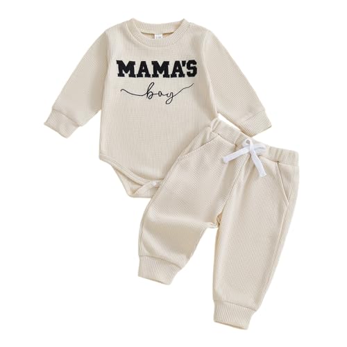 Image of Kupretty Baby Boy Clothes 3 6 12 18 Months Fall Winter Outfit Mama's Boy Embroidery Waffle Long Sleeve Romper Pants Set