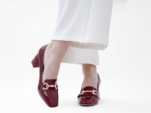 Image of Womens Mid Block Chunky Heeled Loafers Closed Square Toe Patent Leather Comfortable Slip On Pumps Metal Chain Basic Classic Casual Work Office Dress Shoes 2.8 Inches Heels