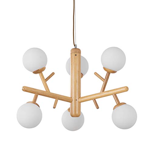 Preisvergleich Produktbild ACHNC LED Pendellampe Wohnzimmer Holz, LED Pendelleuchte Esszimmer Modern Weiß Deckenleuchten Hängelampe E27 Esszimmerlampe Hängeleuchte Lampe Holz Für Schlafzimmer Büro Kinderzimmer,6flammig