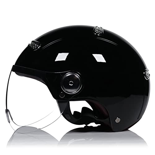 Cascos para Adultos Motocicleta, Retro Vespa Scooter Casco para Hombres Mujeres, Motocicleta eléctrica Medio Casco con Visera Solar Certificado ECE Casco Abierto de Verano,Glossy black a,XL Cover