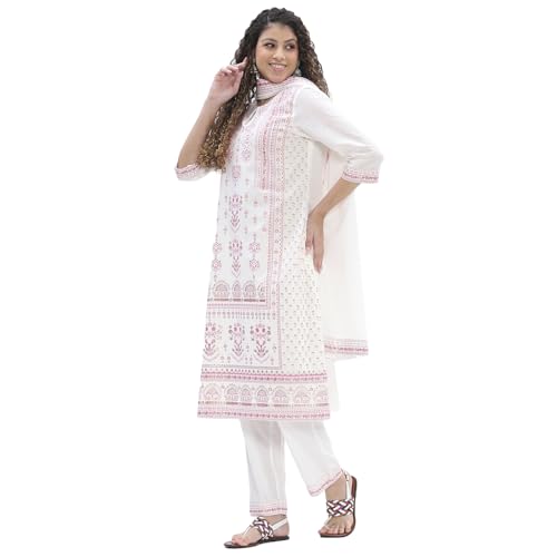 Image of Biba Women 100% Cotton 3 /4 Sleeve Round Neck Printed Kurta Set