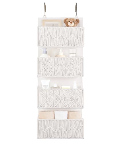 Dahey Over The Door Organizer Macrame Boho Nursery Storage Decor with 4 Large Woven Pockets Closet Behind Hanging Organizer for Bedroom Nursery Bathroom Apartments Dorm Pantry Decoration,White