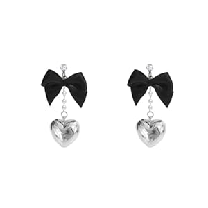 Vintage Black Bow Ribbon Chunky Heart Dangle Drop Earring for Women Y2k Aesthetic Pearl Chain Silver Love Bowknot CZ Stud Earrings Luxury Statement Party Wedding Bride Jewelry Holiday Valentine’s Day Gifts