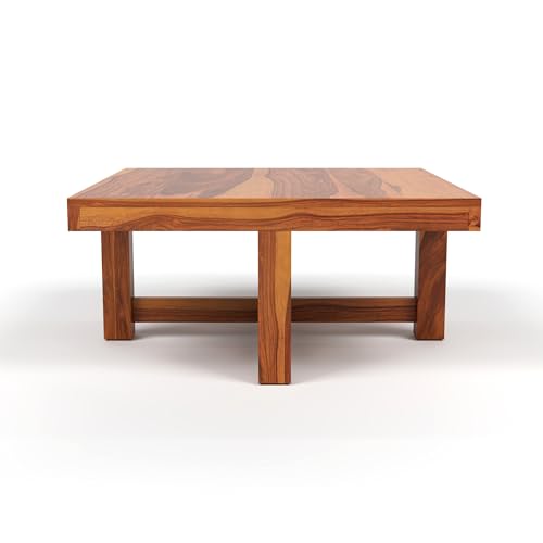 Image of Solid Sheesham Wood Coffee Table with 4 Stool | Center Table with 4 Stools for Living Room | Rosewood Teapoy Table with Cushioned Stool (CNC,Honey Finish)