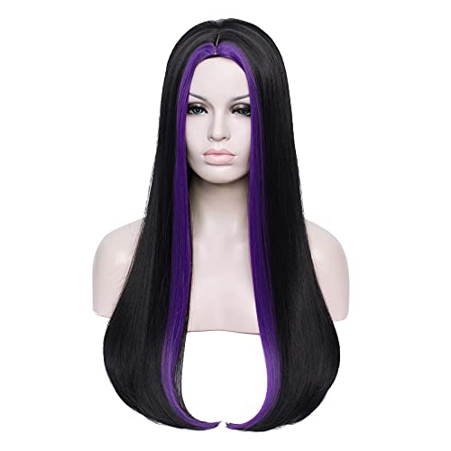 Long Straight Black Purple Wig for Women Middle Part Egirl Gothic Goth Cosplay Hair Wig No Bangs for Halloween Daily Party Include Cap