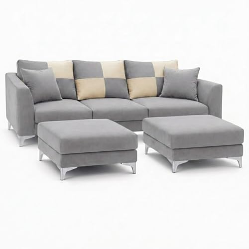 Image of Juliet 4 Seater L Shape Sofa Set with Movable Ottomans | Flexible Layout | Rich Velvet Suede Fabric | Silver Legs | Modern Sofa for Living Room (Light Grey)
