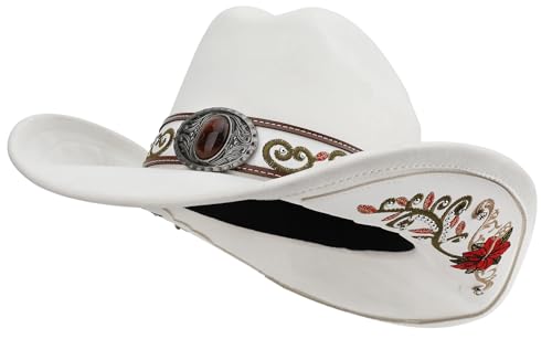 Melesh Western Cowboy Hat for Men and Women, Shapeable Big Wide Brim Cowgirl Hat with Embroidery (US, Alpha, Large, Ivory)