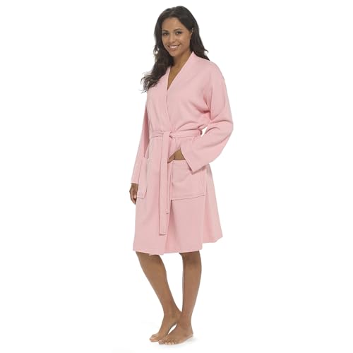 Image of INSIGNIA Ladies' 100% Cotton Waffle Dressing Gown – Lightweight Knee-Length Bathrobe with Belt & Pockets – Ideal for Spa, Travel & Hospital Stay (UK, Numeric, 12, 14, Regular, Regular, Pink)