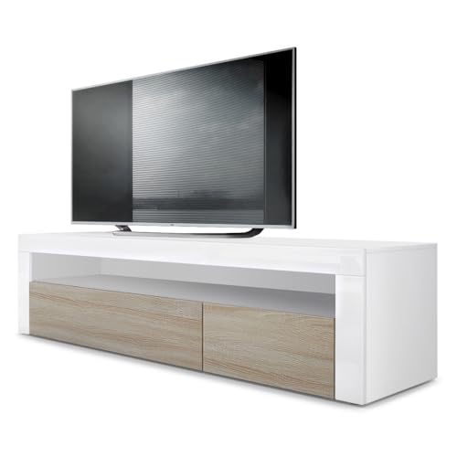 Vladon Buffet Bas Valencia, Meuble TV avec 1 Compartiment Ouvert et 2 clapets, Blanc Mat/chêne Brut/Blanc Haute Brillance (155 x 46 x 40 cm)