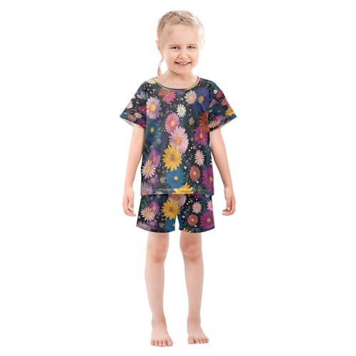 Colorful Daisy Pattern Kids Pjs Set Boys Girls Summer Short-Sleeve Sleepwear Pajamas 2PCS3