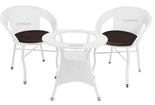 Image of Rattan Wicker Garden Patio Seating Chair and Table Set for Outdoor Balcony Garden Coffee Table Set Furniture with 1 Table and 2 Chair with Brown Cushion (White)