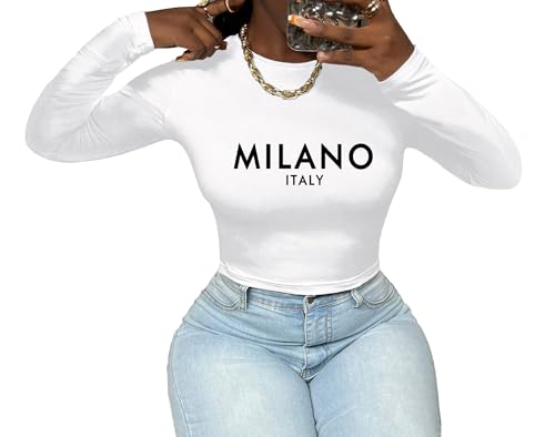 LovelyWholesale Long Sleeve Crop Tops for Women Graphic Fitted Top Crew Neck Shirts White Small