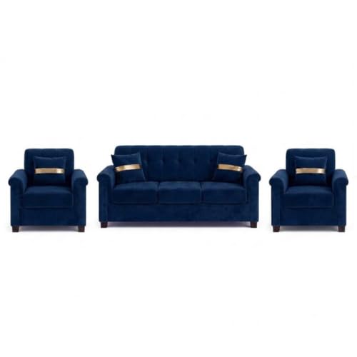Image of FURNY Woodswave 5 Seater 3+1+1+2 Puffy Sofa Set for Living Room in Premium Velvet Finish (Dark Blue) Durable & Comfortable Ideal for Living Rooms