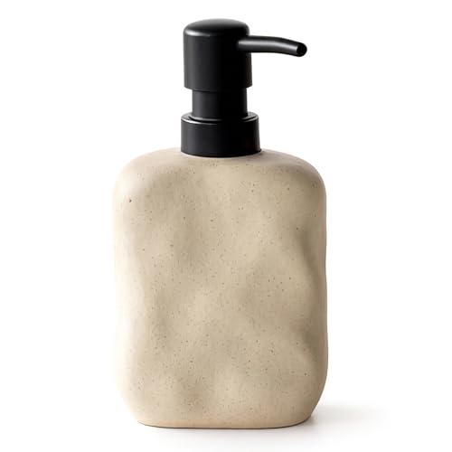 EMPO Ceramic Hand Soap Dispenser with Matte Black Pump Stone-Textured Wabi-Sabi Liquid Dispenser for Bathroom Vanity and Kitchen Sink (440ml/14.8oz)