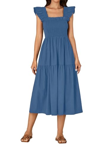 Image of Rooscier Women's A Line Smocked Midi Dress | Summer Sleeveless Square Neck Casual Sundress