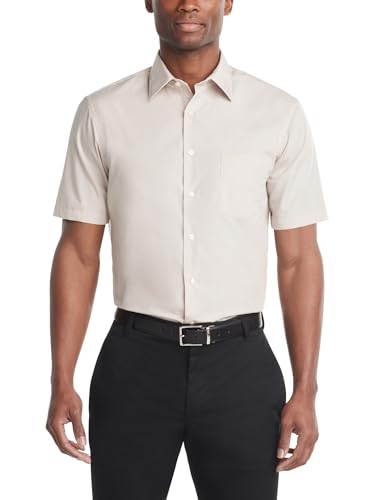 Van Heusen Men's Short Sleeve Dress Shirt Regular Fit Poplin Solid, Stone, 17.5