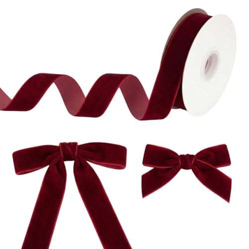 Samtband Dunkelrot 2.5cm x 45m Dunkelrotes Samtband Velvet Ribbon für Geschenkverpackung Dekoration Handwerk für Weihnachten Valentinstag und Hochzeit (Dunkelrot)