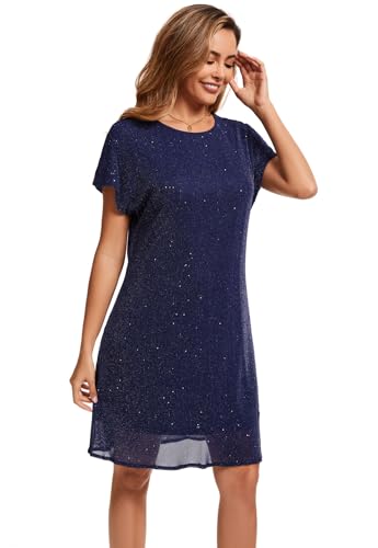 Image of Women's Crewneck Sequin Shift Dress Short Sleeve Casual Holiday Sparkly Party Dress