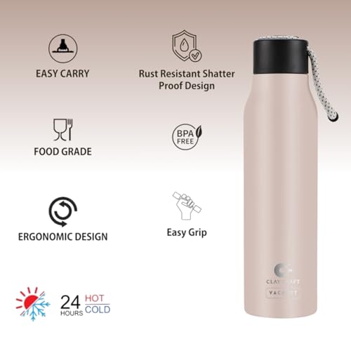 Image of Clay Craft VACBOTT Kitkat Double Walled|18 Hours Hot and 24 Hours Cold Water Bottle Vacuum Insulated Flask Bottle|600ml, 2 Pcs, Water Bottles for School|Home|Gym|BIS Certified|1 Year Limited Warranty