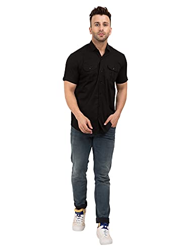 Image of Men's Half Sleeve Double Pocket,Spread Collar Casual Solid Cargo Shirt Beige