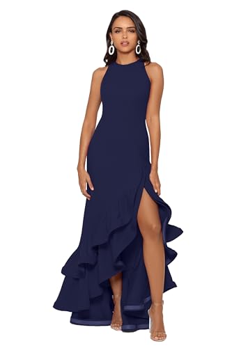 Image of Betsy & Adam Women's Floor Length Metallic Crinkle Knit Sleeveless High Neck Ruched Column Evening Gown Hidden Back Zipper