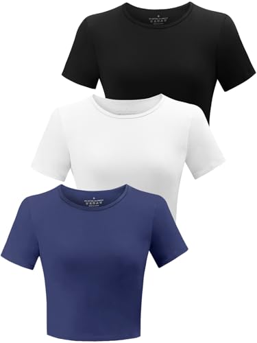 BryticFlow 3er Pack Cropped Tops für Damen - Atmungsaktive Baumwolle Yoga Shirts mit Kurzen Ärmeln - Bequeme Fitness T-Shirts für Gym Sommer & Alltag Schwarz/Weiß/Navyblau M