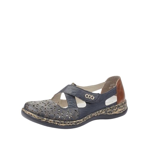 Rieker 463H4 Daisy Leather Mary Jane Shoes for Women - Lightweight Anti-Sess Casual Flats with Breathable Cutouts and Shock-Absorbing Sole for All-Day Comfort Blue 7-7.5 M US