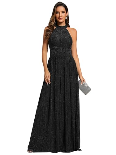 Ever-Pretty Damen Ballkleider Maxi Abendkleid mit Halterneck Ärmellos für Hochzeiten Festliche Anlässe Schwarz 38