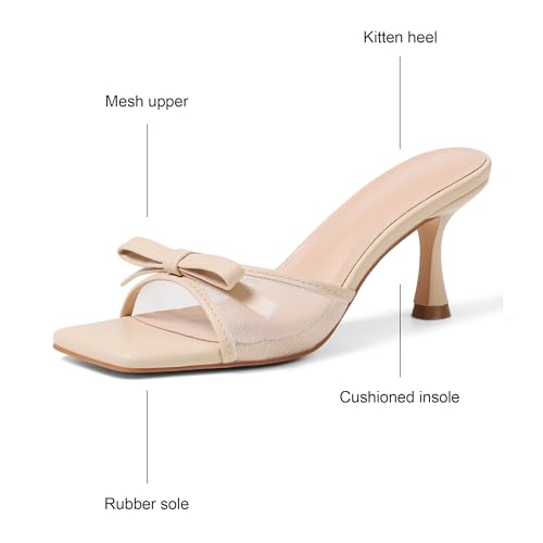 Image of Womens Heeled Sandals Open Square Toe Kitten Heels Sandals Slip On Bow Mesh Mules Heels Comfortable Dress Shoes for Party Wedding