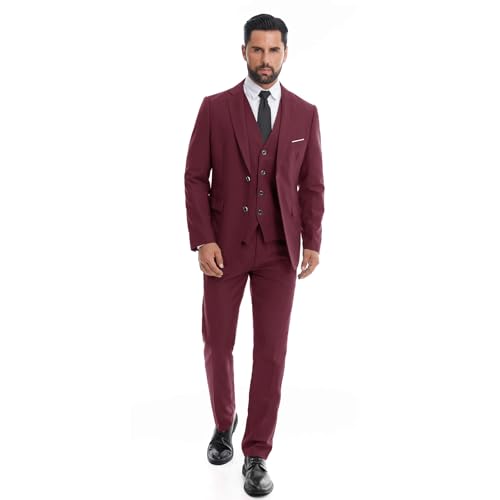 ALSOPICK Mens 3 Piece Slim Fit Suit Set Formal Business Wedding Party Tuxedo Classic Blazer Pants Burgundy