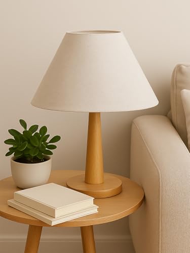 Image of Modern Wooden Table Lamp with Fabric Shade | Warm Ambient Lighting for Bedroom, Living Room & Home Decor | Bedside Nightstand Lamp with Soft Glow | Minimalist Design (Beige)