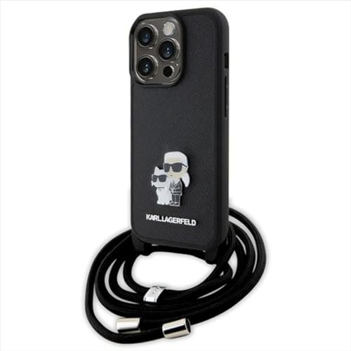 KARL LAGERFELD KLHCP15XSAKCPSK Coque Rigide pour iPhone 15 Pro Max 6,7" Noir Crossbody Saffiano Metal Pin Karl & Choupette