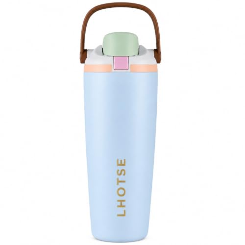Image of LHOTSE Gym Water Bottle 30oz - Leak Proof Lock Lid, Matte Metallic Finish, Carry Handle, Durable Stainless Steel, Perfect for Workout & Sports (Ice Blue, 900 ML)