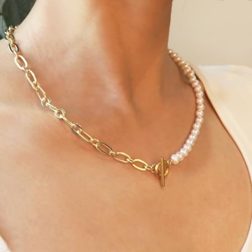 Pearl Necklace for Women Girls, Paper Clip Half Link Cross Disco Ball Pearl Chain Necklaces, Pearl Choker Chunky Necklace Dainty Pearl Chain OT Necklace Fashion Trendy Jewelry Birthday Gifts for Her2