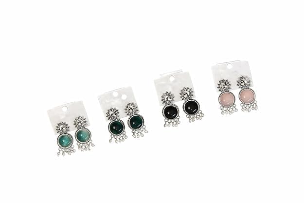 Oxidised Silver Stud Earrings with Stone Detailing | Traditional Ethnic Earrings for Women | Lightweight & Handmade Finish | Set Of 4-image-37