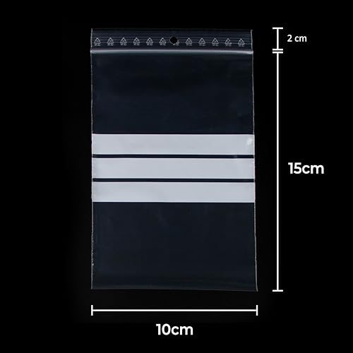 100 Beutel mit Reißverschluss, wiederverschließbar, transparent, mit weißen Streifen, für Lebensmittelprodukte, Schmuck, Zubehör. Format 10 x 15 cm