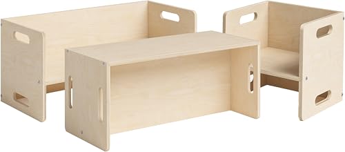 Bellabino Aki Kindersitzgarnitur - Kindermöbel Set 3 teilig - 2in1 Kinderhocker/Beistelltisch aus Holz - Montessori Wendebank Birke - multifunktionale Sitzgruppe - Kindertische mit Kinderstuhl