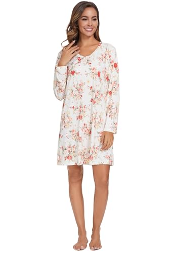 Image of Kabento 2 Pack Long Sleeve Nightgowns for Women Soft Cotton Night Gowns Sleepwear V Neck Nightshirts