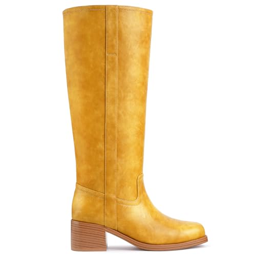 Image of Gothictor Women's Banana Knee High Boots Square Toe Chunky Block Heel Comfortable Low Heel Pull on Wide Calf Riding Long Boots for Women
