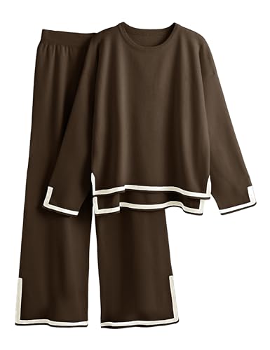 Tanming Women's 2 Piece Outfits Long Sleeve Knit Sweater Top Wide Leg Pants Lounge Sets Tracksuits(Coffee-M)