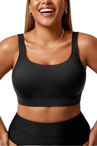 Daci Women Plus Size Sports Bra Bikini Top Only Push Up Scoop Neck Swim Top Full Coverage Bathing Suit for Large Bust Black 18 Plus