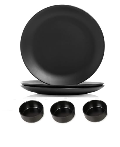 Image of Black Melamine Dinner Set | 11 Inch Plates with Matching Katori /Bowl | Durable & Reusable Tableware for Home & Dining (Set of 4 Plates & 4 Katoris)