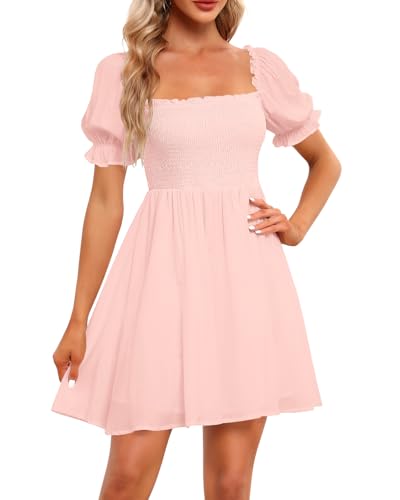 Image of Holipick Women's Casual Square Neck Smocked Dress Shirred Ruffle Puff Sleeve High Waist Cute Flowy A-Line Short Dress