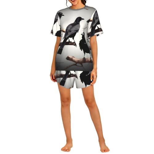 Pyjama court femme avec corbeau noir vêtement de nuit aux finitions soignées