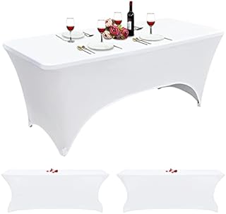 2 Packs Spandex Tablecloth 6ft Polyester Fitted Rectangular Table Cloth Stretchable Table Cover Tight Fitted Table Cover Wedding Banquet Party Cocktail Bar Patio Craft Exhibitions Table Cover(White)